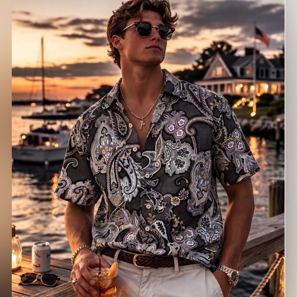 Tommy Bahama Camp Shirt Paisley Print Gray Short Sleeve Button Down Silk XL